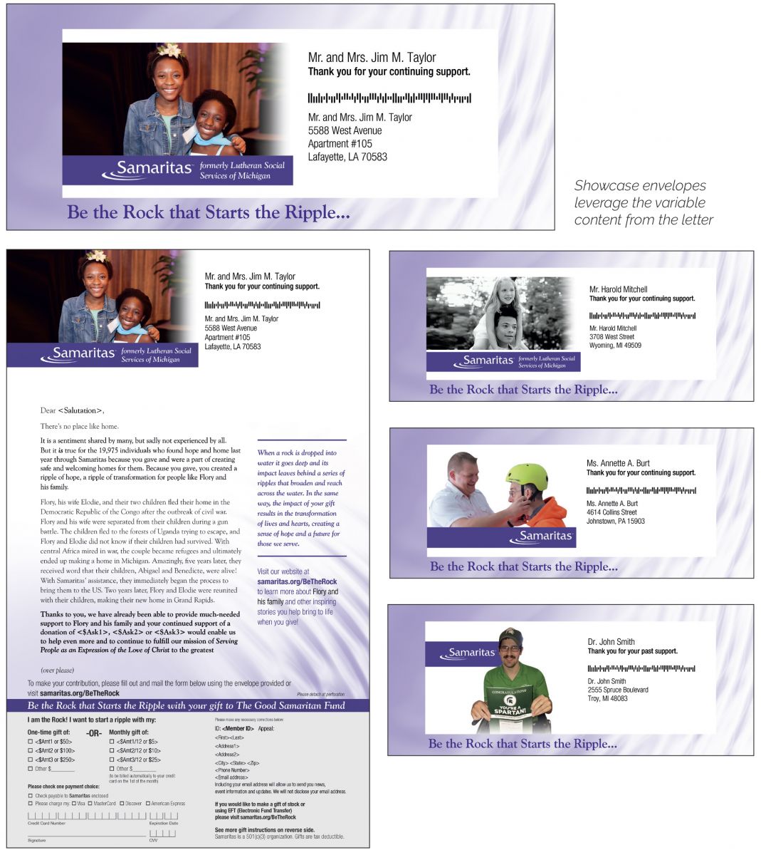 Fundraising appeal letters, postcards and envelopes for the Samaritas fundraising campaign.
